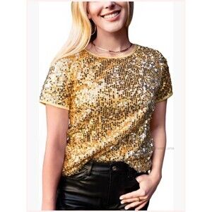 Mes Demoiselles Gold Sequin Revolve Going Out Party Short Sleeve Top XS Small